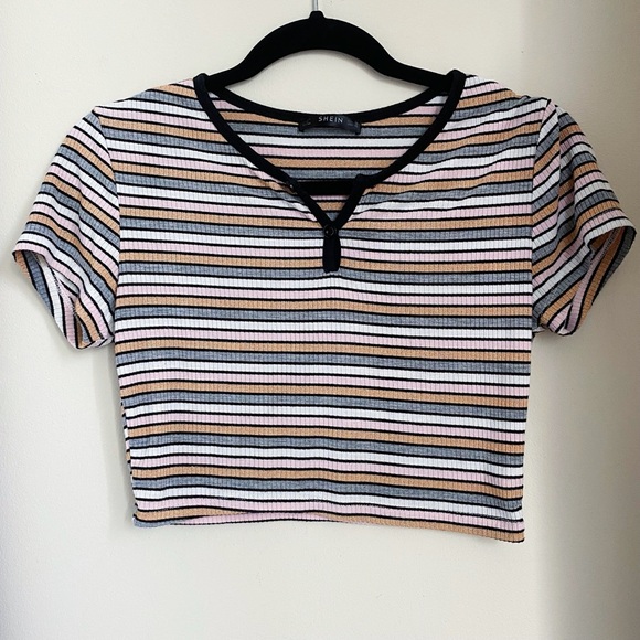 SHEIN Striped Crop Top Peach Pink Blue White Button Up Black Trim Detail - Picture 1 of 4
